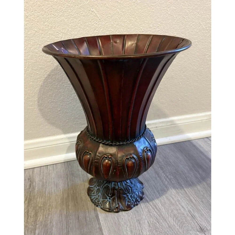 Flared Traditional Style Metal Urn Vase Metal Body Bronze Base 13” H* 9.5 W
